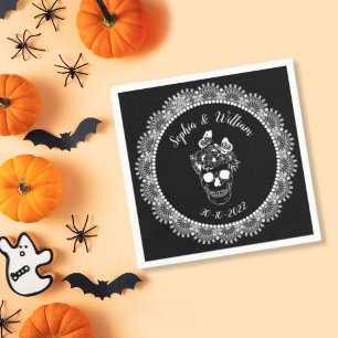 Serviette En Papier Mariage d'Halloween Crâne Floral Gothique Noir et