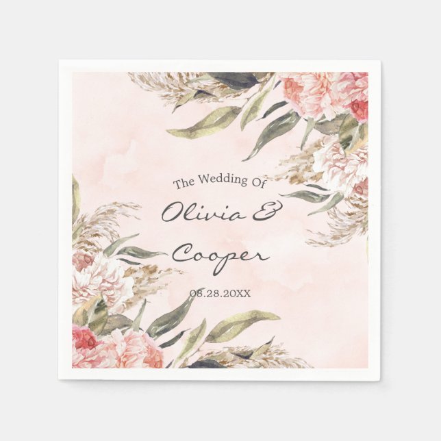 Serviette En Papier Mariage d'herbe Neutral Boho rose Peony Pampas (Devant)
