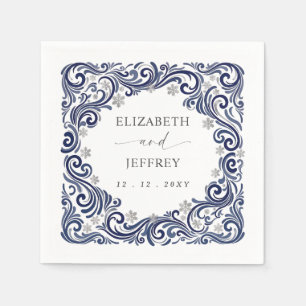 Serviette En Papier Mariage d'hiver aux flocons de neige Navy argentés