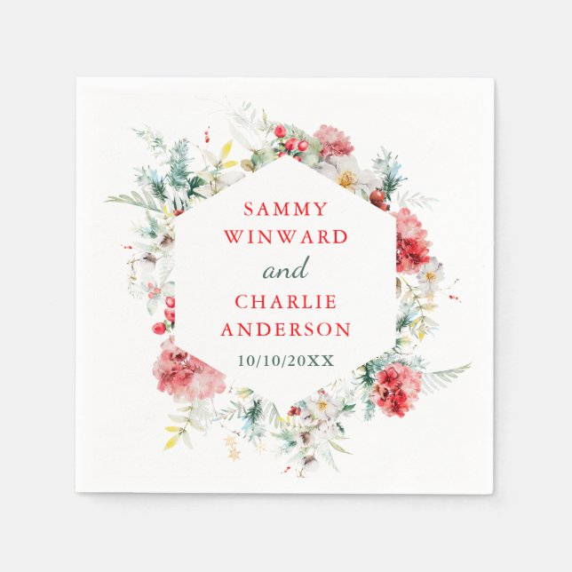 Serviette En Papier Mariage d'hiver élégant avec verdure florale (Devant)