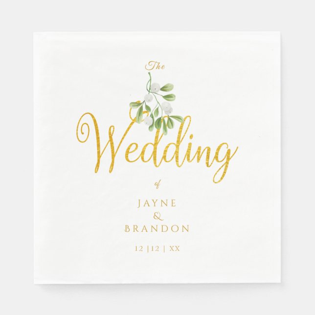 Serviette En Papier Mariage d'hiver Élégant script doré Gui de  (Devant)