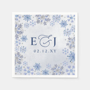 Serviette En Papier Mariage d'hiver flocons de neige bleu argent Monog