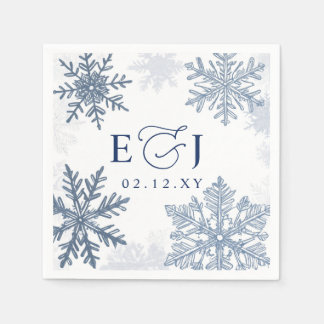 Serviette En Papier Mariage d'hiver flocons de neige bleu argent Monog