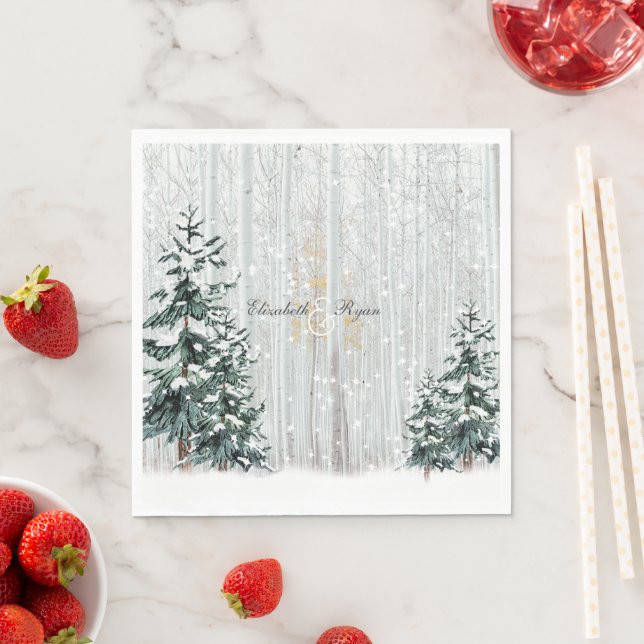 Serviette En Papier Mariage d'hiver Sparkle Snowflakes Pine Trees (En situation)