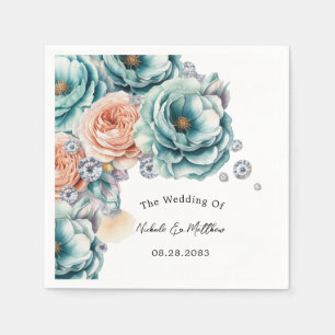 Serviette En Papier Mariage diamant Turquoise et Pêche Rose
