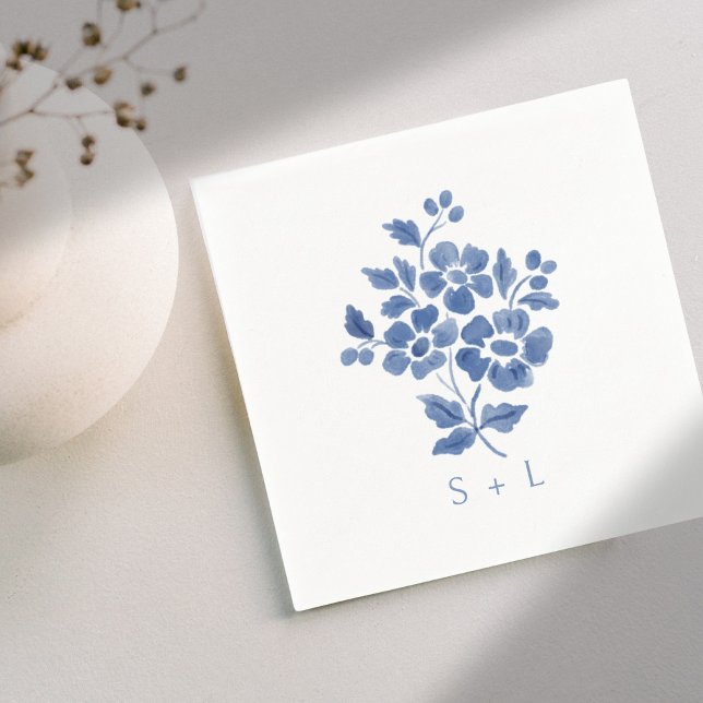 Serviette En Papier Mariage d'initiés Floral Bleu et Blanc (Créateur téléchargé)