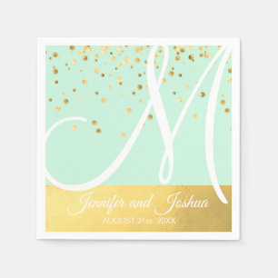 Serviette En Papier Mariage d'or Monogramme Mint Green
