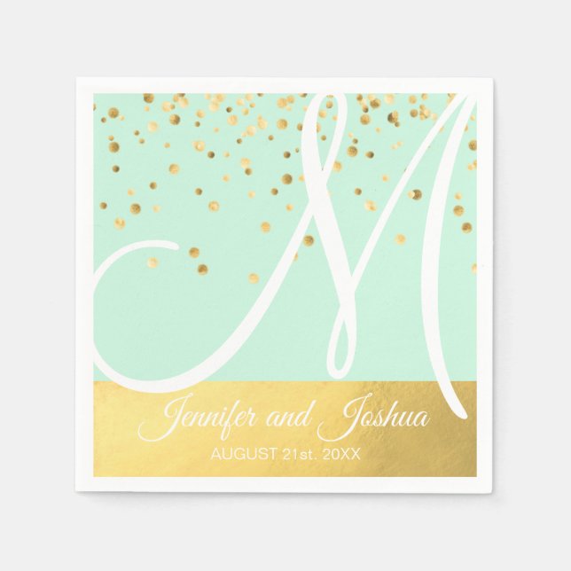Serviette En Papier Mariage d'or Monogramme Mint Green (Devant)