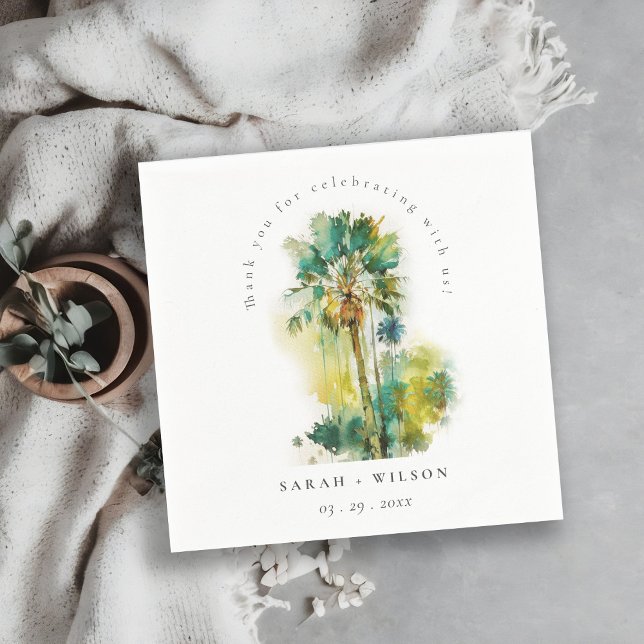 Serviette En Papier Mariage Dusky Green Tropical Aquarelle Palm Trees (Créateur téléchargé)