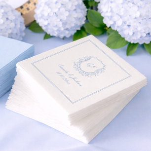 Serviette En Papier Mariage Dusty Blue au Blason Monogramme Vintage 