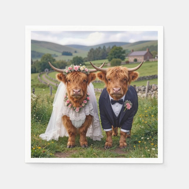 Serviette En Papier Mariage Écossais Vaches des Highlands (Devant)