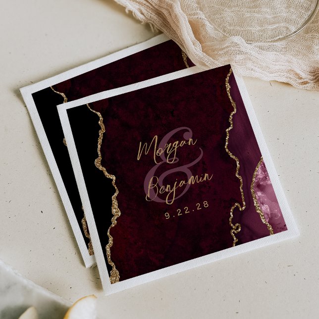 Serviette En Papier Mariage écriture dorée agate rouge de Bourgogne (Créateur téléchargé)