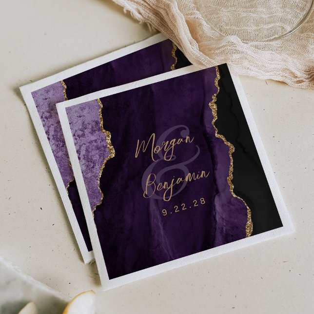 Serviette En Papier Mariage écriture dorée Agate violette (Créateur téléchargé)