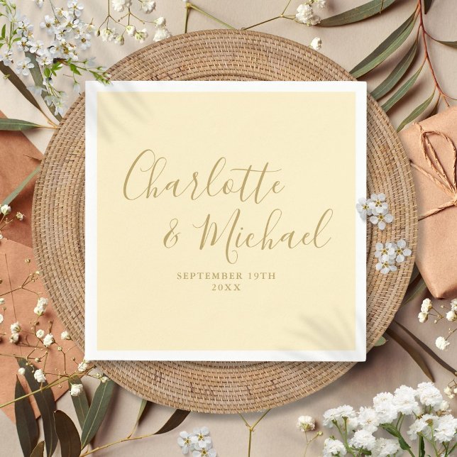 Serviette En Papier Mariage écriture jaune bouton d'or et or (Buttercup Yellow And Gold Script Wedding Napkins)