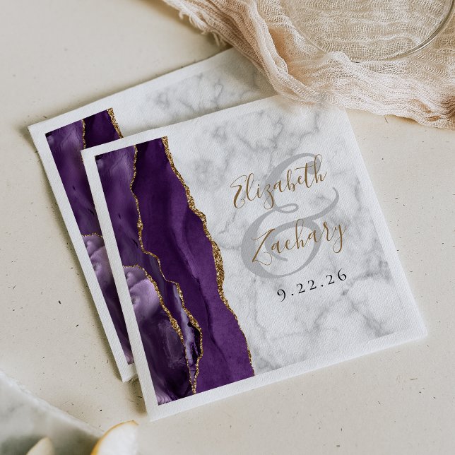 Serviette En Papier Mariage écriture or marbre agate violette (Créateur téléchargé)