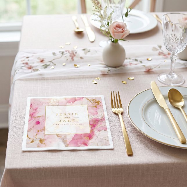 Serviette En Papier Mariage effet marbre rose et or (Pink and gold marble effect Wedding Napkins)