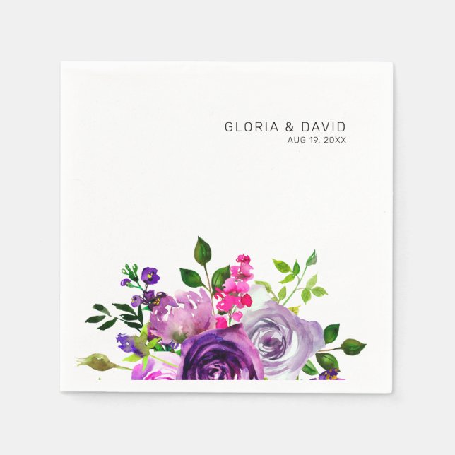 Serviette En Papier Mariage élégant à la florale violette (Devant)