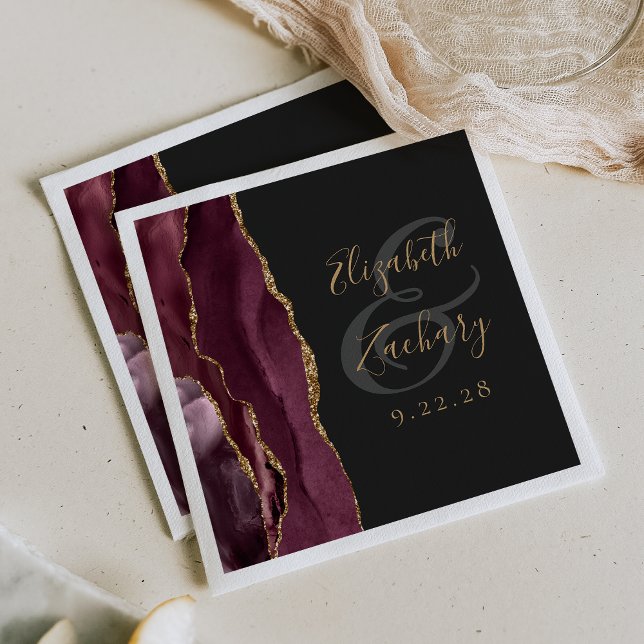 Serviette En Papier Mariage élégant à l'écriture Agate Geode Bordeaux  (Créateur téléchargé)