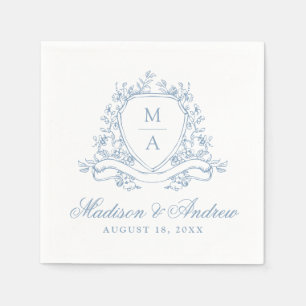 Serviette En Papier Mariage élégant à monogramme à blason floral bleu