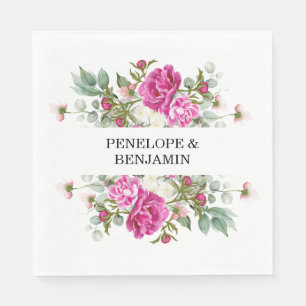 Serviette En Papier Mariage Élégant à Monogramme de Pivoine Rose Flora