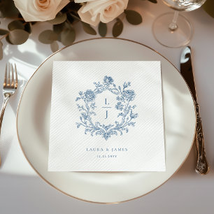 Serviette En Papier Mariage élégant à monogramme floral bleu