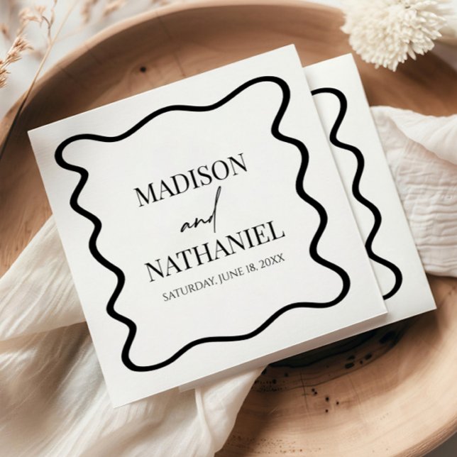 Serviette En Papier Mariage élégant à ondes noir et blanc (Créateur téléchargé)
