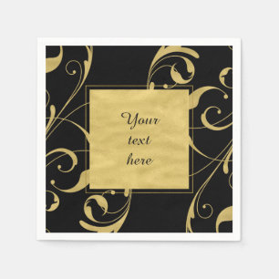 Serviette En Papier Mariage élégant à tourbillon floral noir et or fau