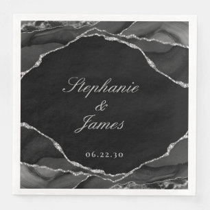 Serviette En Papier Mariage élégant agate noir blanc feuille d'argent