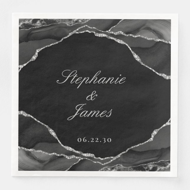 Serviette En Papier Mariage élégant agate noir blanc feuille d'argent (Devant)