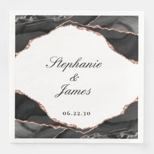 Serviette En Papier Mariage élégant Agate Noir Blanc Or Rose Feuille