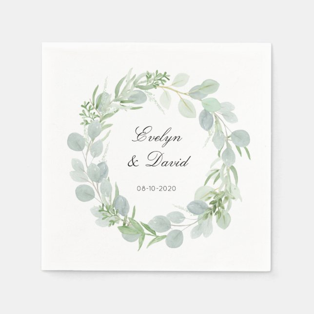 Serviette En Papier Mariage Elegant Aquarelle Nom et date Napkin (Devant)