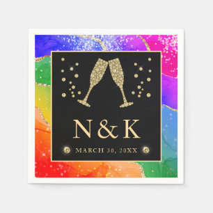 Serviette En Papier Mariage élégant arc-en-ciel paillettes agate et or