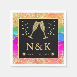 Serviette En Papier Mariage élégant arc-en-ciel paillettes agate et or