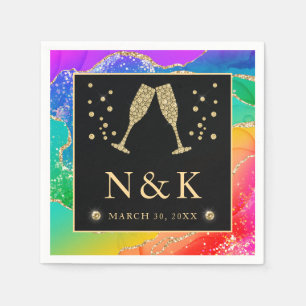 Serviette En Papier Mariage élégant arc-en-ciel paillettes agate et or