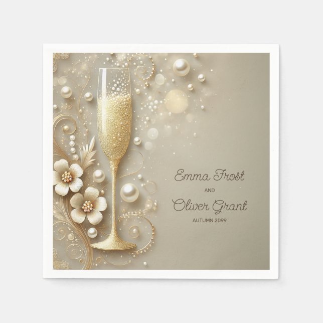 Serviette En Papier Mariage élégant au Champagne et Perle (Devant)