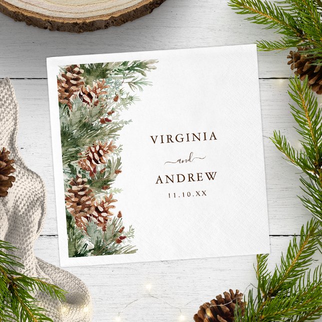 Serviette En Papier Mariage Élégant au Pin (Elegant White Pinecone Evergreen Wedding Napkins by Painted Paperie
)