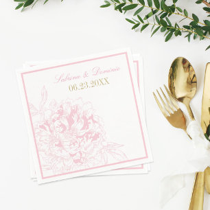 Serviette En Papier Mariage Élégant aux Pivoines Roses et Dorées
