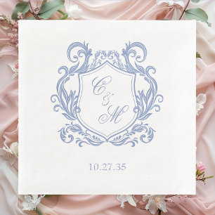Serviette En Papier Mariage Élégant avec Blason de Monogramme Bleu Pou