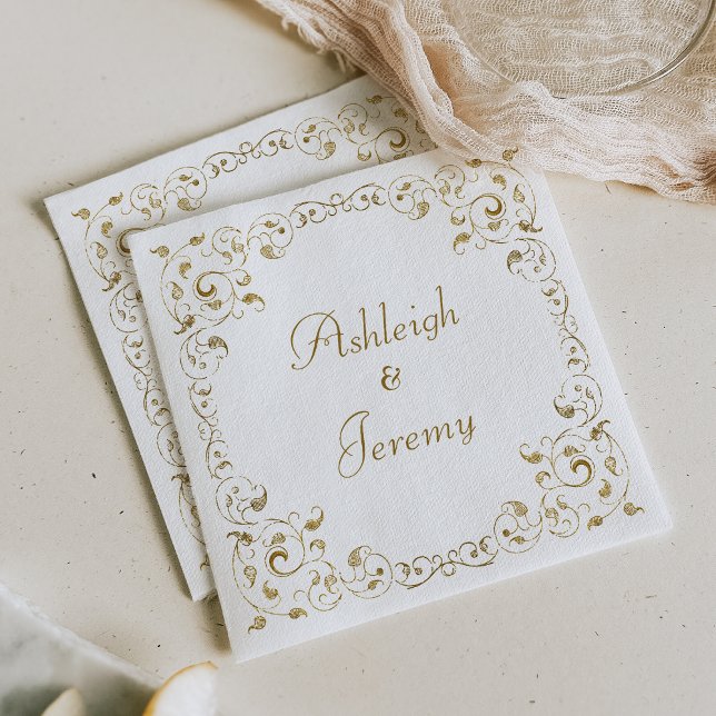 Serviette En Papier Mariage Élégant avec Feuillage en Script Doré (Créateur téléchargé)