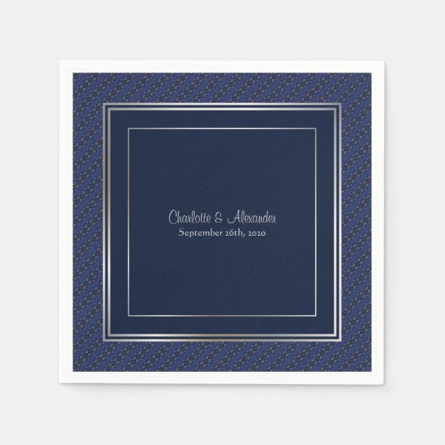 Serviette En Papier Mariage Élégant Bleu Foncé Argent Bordure Monogram (Devant)