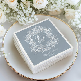 Serviette En Papier Mariage élégant bleu poussiéreux monogramme crête 