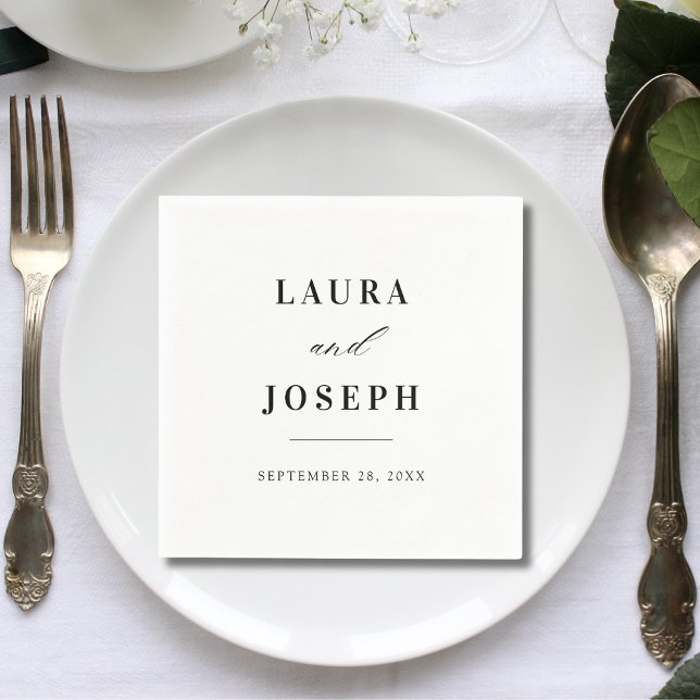 Serviette En Papier Mariage Élégant Classique Noir et Blanc (Elegant classic black and white wedding napkins add a refined, cohesive touch to your table setting)