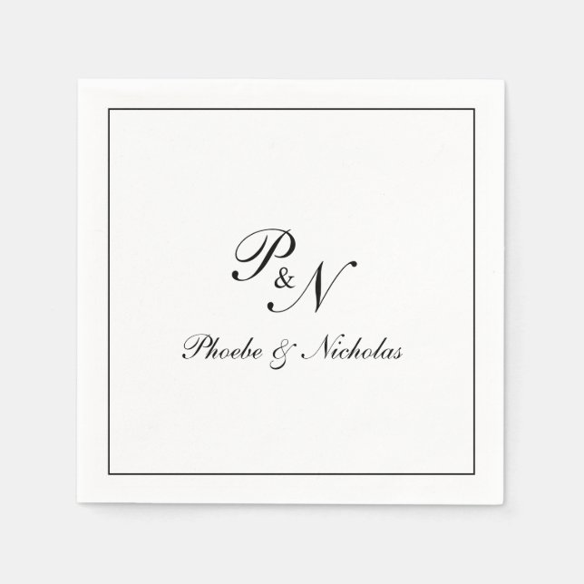Serviette En Papier Mariage Élégant Classique Noir et Blanc (Devant)