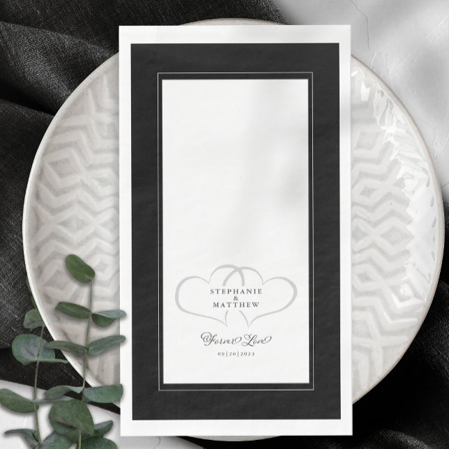 Serviette En Papier Mariage Élégant Cœurs Noir & Blanc Amour Éternel (Créateur téléchargé)
