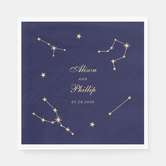 Serviette En Papier Mariage élégant constellation bleu et or (Devant)
