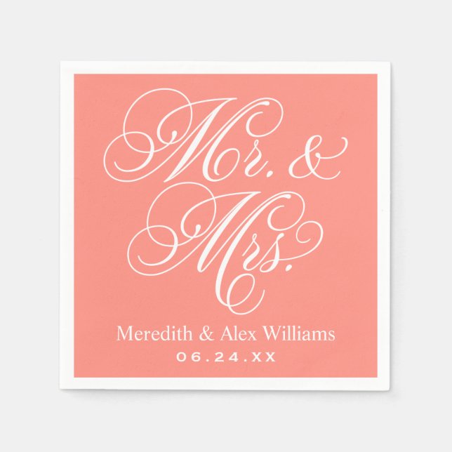 Serviette En Papier Mariage élégant corail Mr et Mrs Script (Devant)