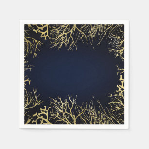 Serviette En Papier Mariage Élégant Corail Or et Bleu Nuit