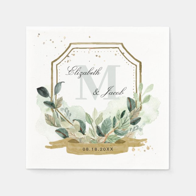 Serviette En Papier Mariage élégant couronne dorée avec verdure d'euca (Devant)