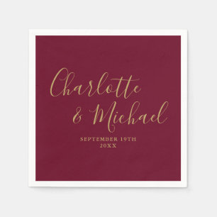 Serviette En Papier Mariage élégant de signature bordeaux et or