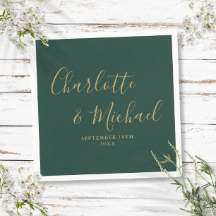 Serviette En Papier Mariage élégant de signature vert émeraude et or